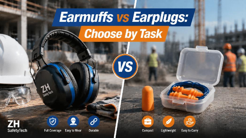 Safety construction labor earmuff versus earplugs for job sites