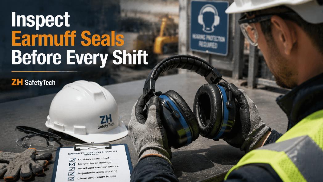 Inspect and fit safety construction labor earmuffs with PPE
