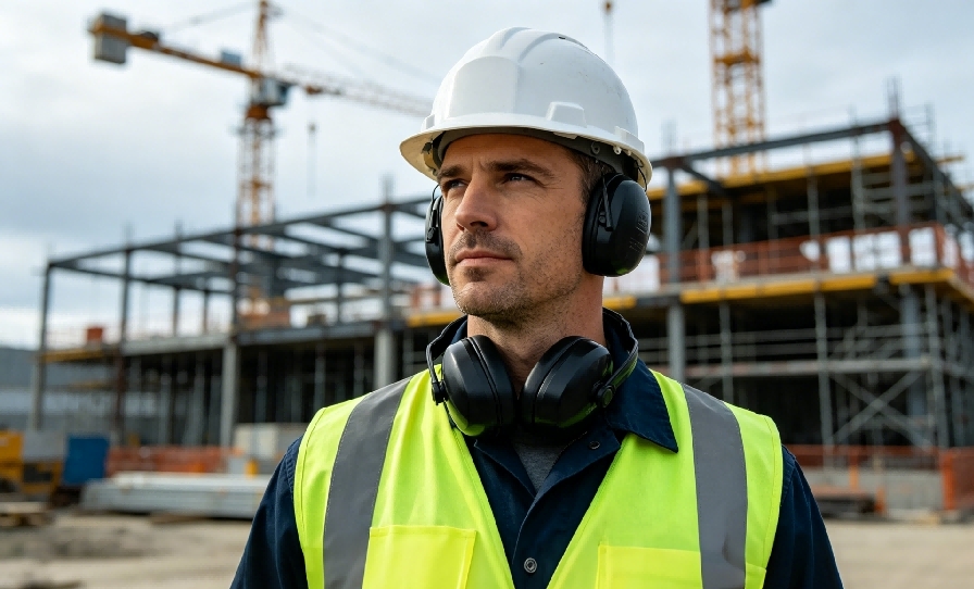 Industrial worker wearing noise protection earmuff on site