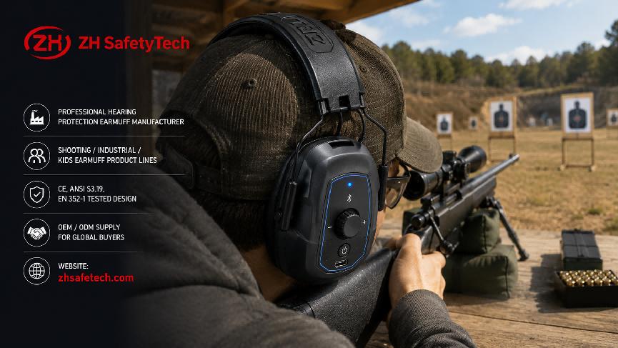 Rechargeable Bluetooth electronic earmuff in use at a shooting range Rechargeable Bluetooth electronic earmuff in use at a shooting range