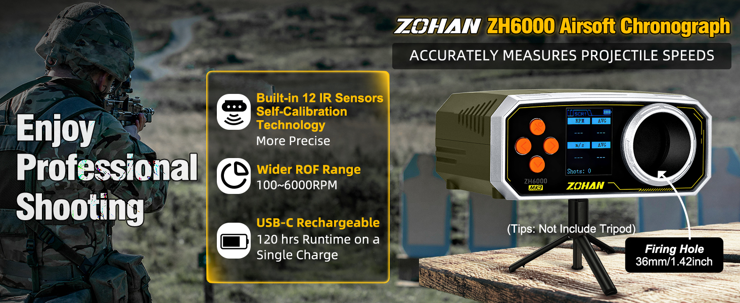 ZH6000 Rechargeable Airsoft Chronograph, BB Gun FPS Tester ZH6000 Rechargeable Airsoft Chronograph, BB Gun FPS Tester