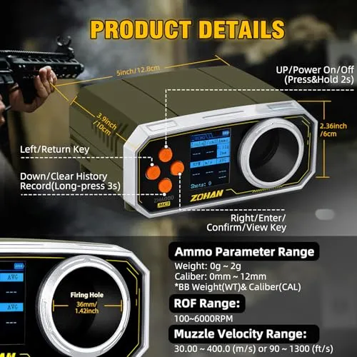 ZH6000 Rechargeable Airsoft Chronograph, BB Gun FPS Tester